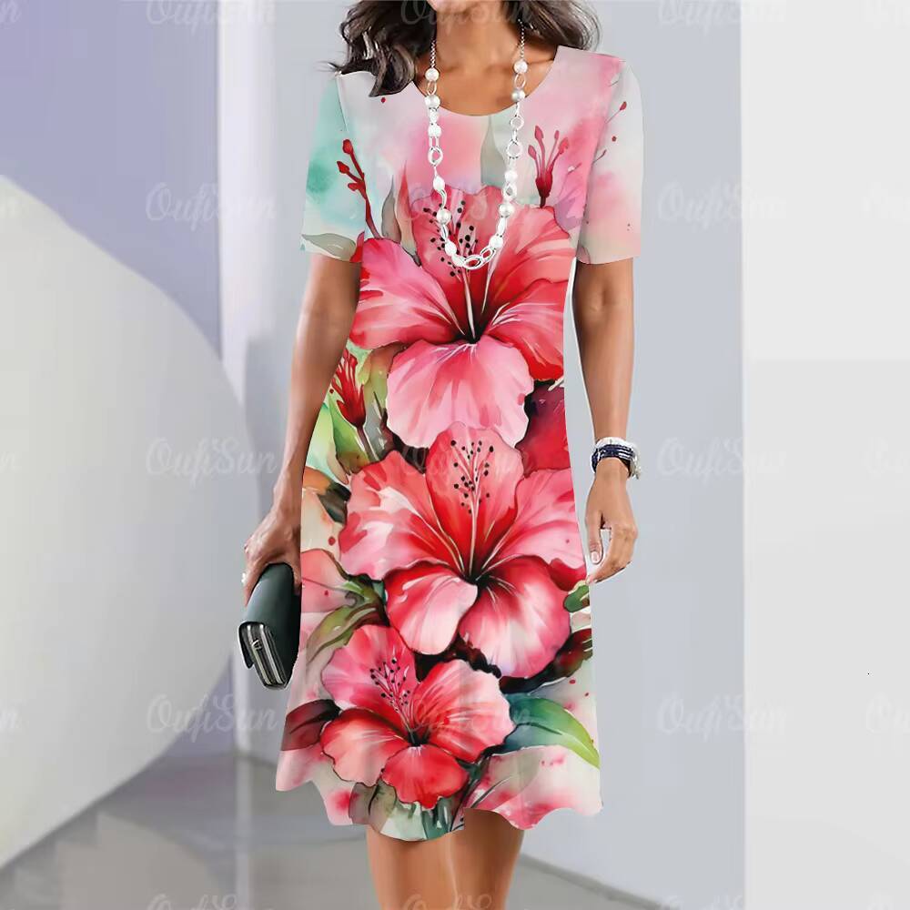 2024 New Womens Floral Printed Summer Luxury Midi Dresses Feamle Short Sleeve Dress Fashion Oversized Clothes dongdumaoyi
