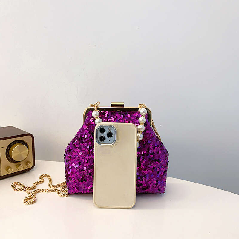 2025 New Fashion Sequin Shoulder for Women, Small Chanel Style Pearl Handbag, Crossbody Chain Shell Bag