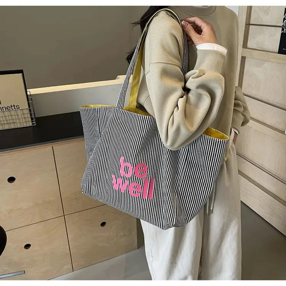 Trendy Versatile Womens Shoulder Bag Canvas Stripe Tote Bag Two-sided Large Capacity Handbag Womens Accessory 250714