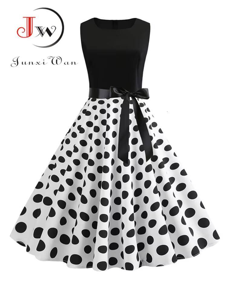 Black White Polka Dot Summer Dress Women Sleeveless Vintage 50s 60s Party Office Dresses dongdumaoyi