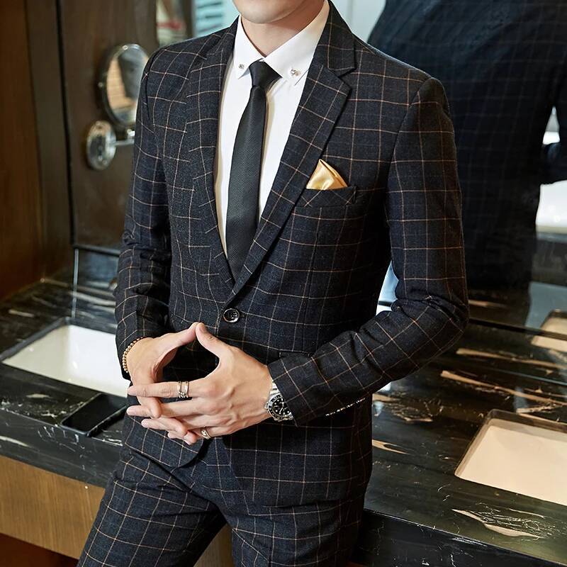 Men's Casual One-Button Plaid Suit Two-Piece Set Business No-Ironing Best Man M-5Xl 2025 Fashion Comfortable Fit