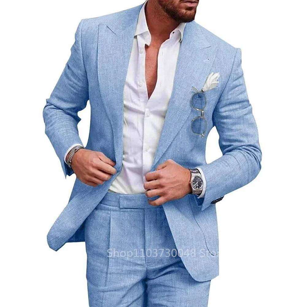 Light Blue/Beige Linen Wedding Men Suit Casual Single Breasted Slim Fit Blazer Pants High Quality Summer 2 Piece Costume Homme