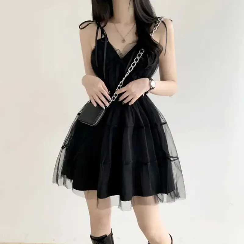 REALEFT Summer Y2k Black Mesh Womens Ball Gown Dresses 2025 New Sleeveless Strapless V-neck Party Sexy Mini Dress for Women R250716