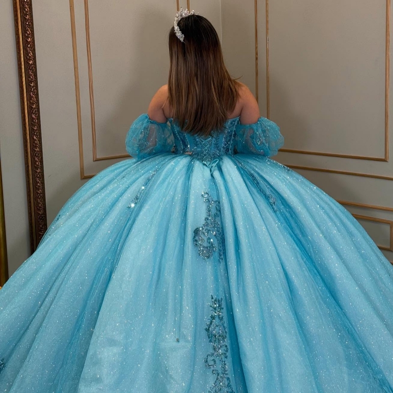 Blue Shiny Quinceanera Dresses Ball Gown Off The Shoulder Applique Lace Beading Crystal Tull Corset Party Birthday Puff Sleeve Sweet 16 Dress Vestidos