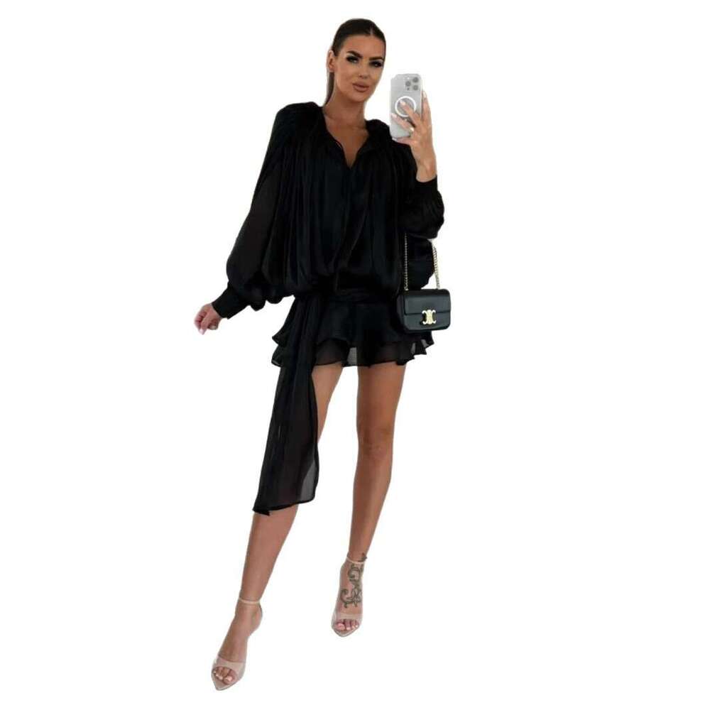 Chiffon Long Summer New Lantern Sleeve Tie Short Ruffle Dress B5