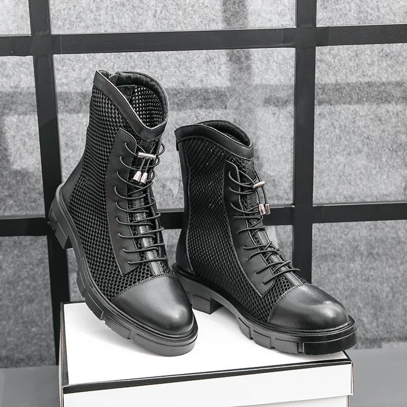 Summer Mens leather boots Thick Sole Mesh Hollow Out Outdoor Fashionable Breathable Motorcycle High Bond Leather Shoes 250715