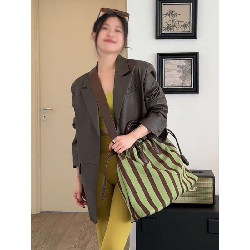 Pink Heart Lady Large Capacity Green Striped Tote Bag Women's Summer High-end Shoulder Crossbody Handbag Commuting