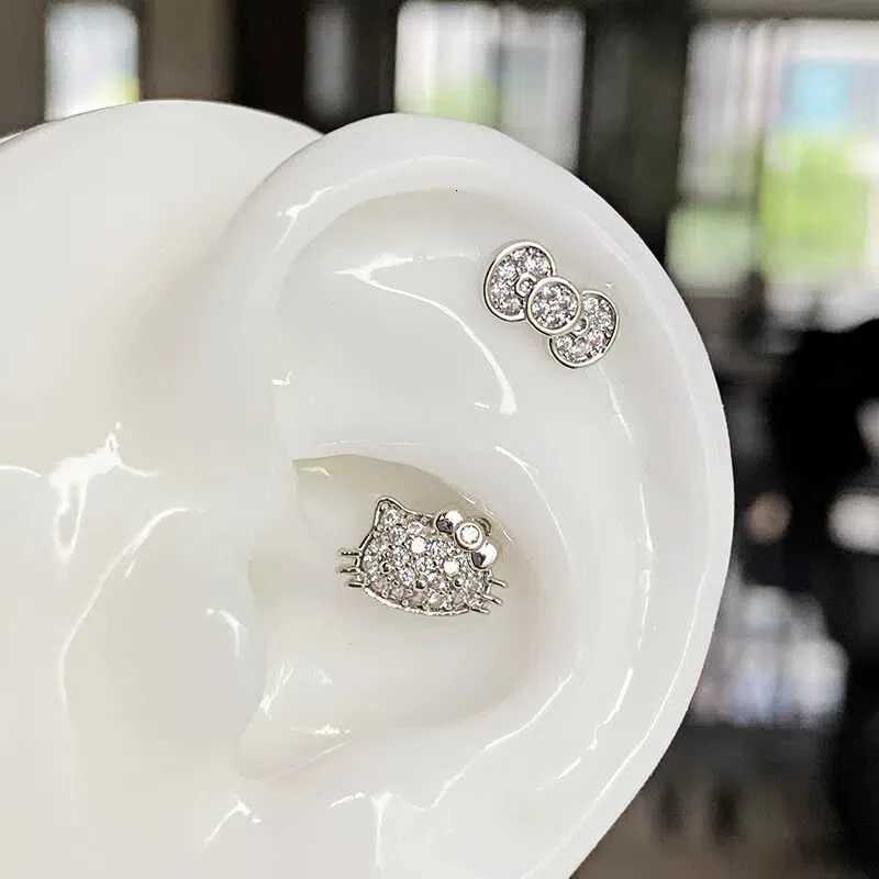 Sanrio 1 Piece Full Rhinestone Cat Ear Bone Stud Flat Titanium Steel Screw Earrings Snail Studs Daily Versatile Women Earringsw250716