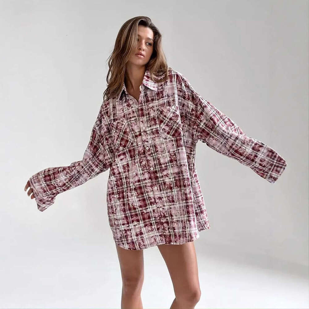 Long Sleeve Spring Summer New Style Outerwear Personality Street Vintage Plaid Shirt B5