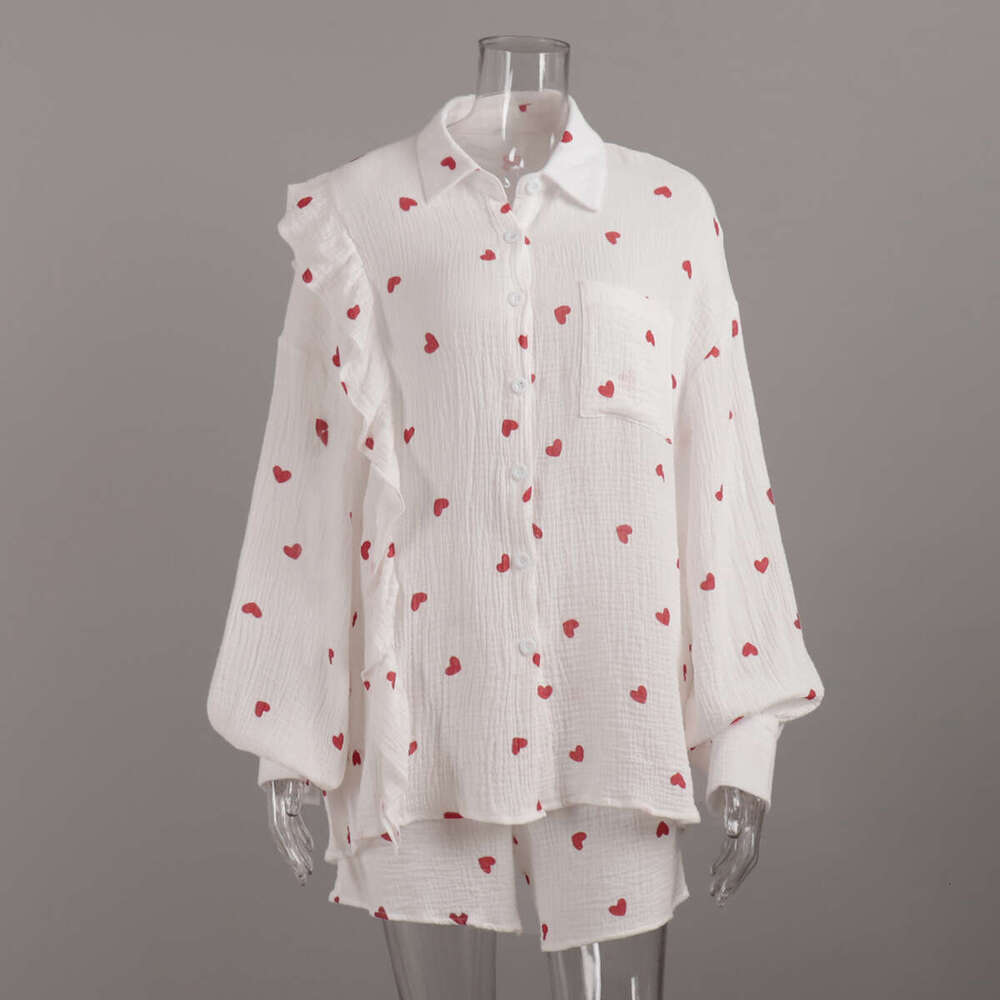 Cotton Gauze Summer Ruffle Design Heart Strawberry Print Shirt Shorts Set B5