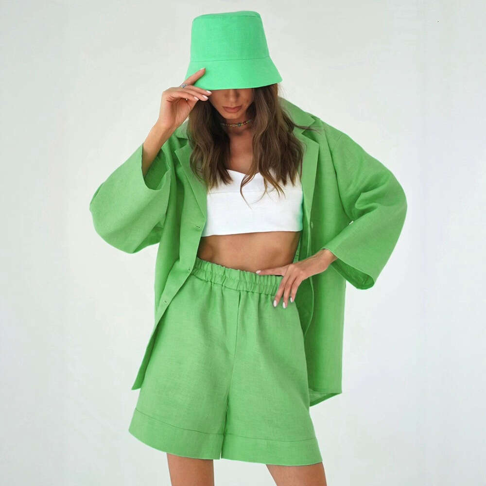Pure Cotton Shorts For Women Summer Turn-Down Collar Loose Single-Breasted Shirt + High-Waisted Straight-Leg Pants Two-Piece Set B5