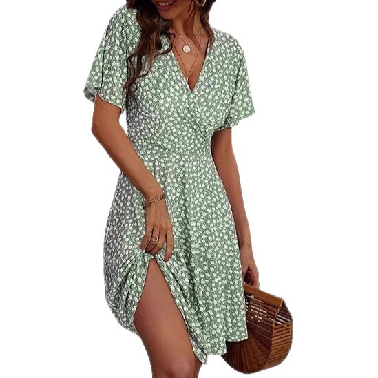 2025 European and American Cross-Border Women's Summer Floral Short Sleeve Wrapped V-Neck A-Line Midi Dress Print