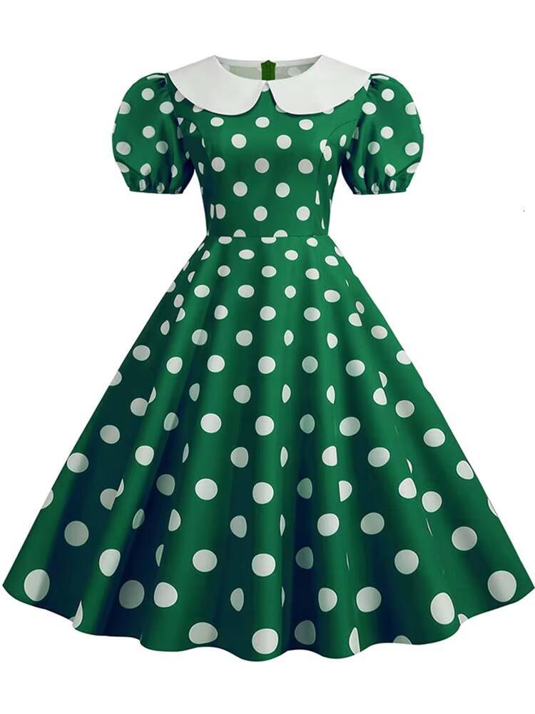 Polka Dot Vintage Women Summer Pink Rockabilly Office Party Dress Casual Peter Pan Collar Sundress Vestidos dongdumaoyi