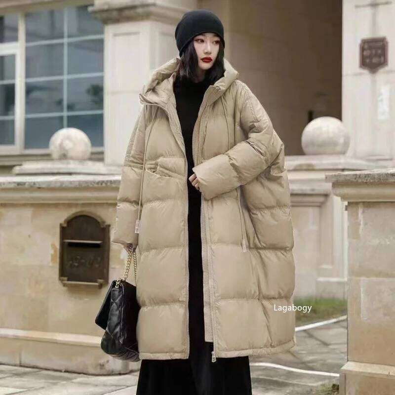 Lagabogy 2025 New Winter Women Oversize Long Puffer Coat Female Thick Warm White Duck Down Jacket Hooded Loose Parkas Outwear MDNG