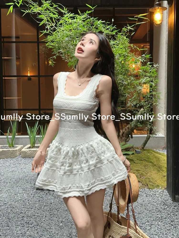 French Elegant Lace White Slip Dress Women 2025 Summer Knit Sweet Vest Mini Dresses Korean Chic Sleeveless Casual One-Piece Dress R250716