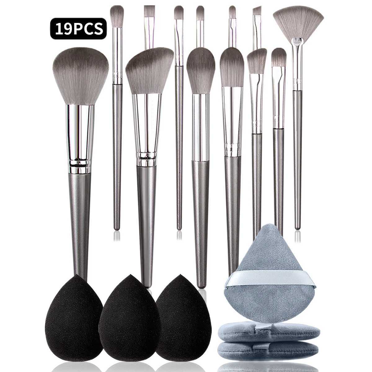 19Pcs Vegan Makeup Brush Sponge Kit /Travel - Pro Synthetic Brushes 3 Dual Blenders Puffs 6-in-1 Gift Set XJ2500716