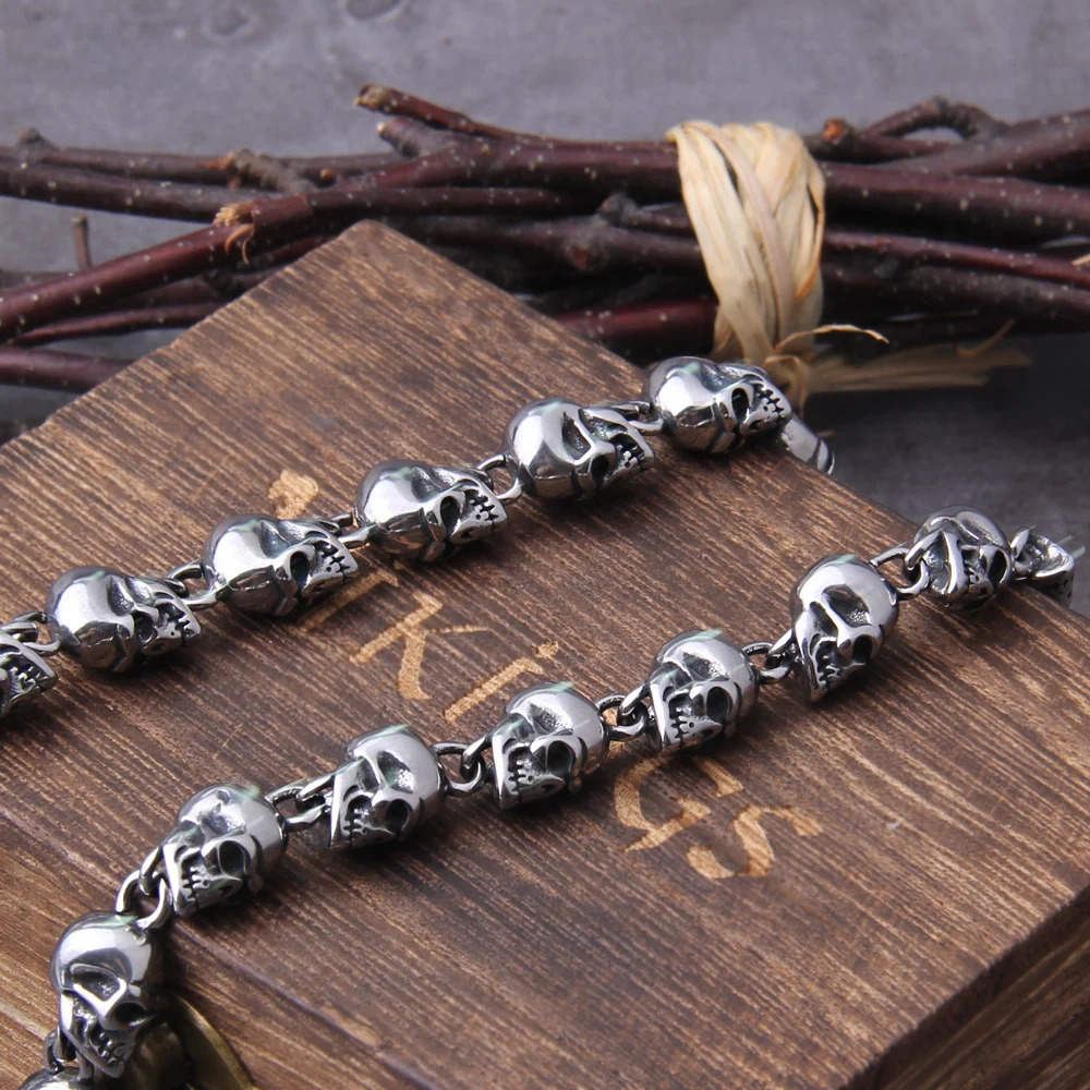 Stainless steel men punk skull chain necklace men fashion stainless steel charm bracelet jewelry with wooden box 250712