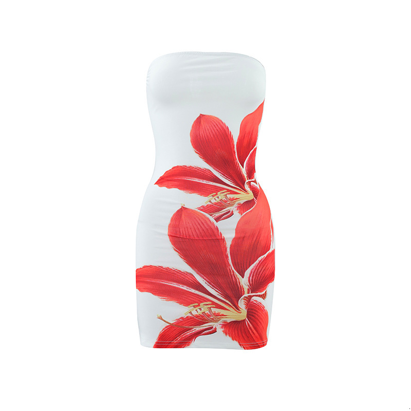 2025 2024 Summer Sexy Women's Fashion Strapless Floral Print Slim Fit Bodycon Short Dress for Cross-Border Trade