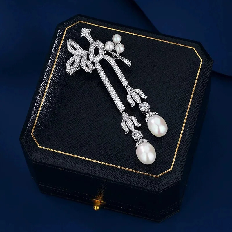 Vintage Micro-inlaid Zircon Freshwater Pearl Fringed Brooch Pins Niche Bow Broochesfor Womens Broche Decorativo De Ropa 250712