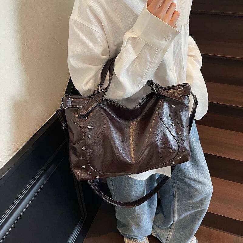 Belt Handle Large Capacity Black Shoulder Crossbody Bags For Women Rivet Quality Pu Leather Handbag Lady Travel Tote Bag