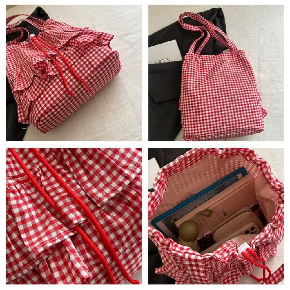 All-match Korean Style Lotus Leaf Shoulder Bag Large Capacity Bag Cloth Cute Plaid Tote Bag Storage Bag
