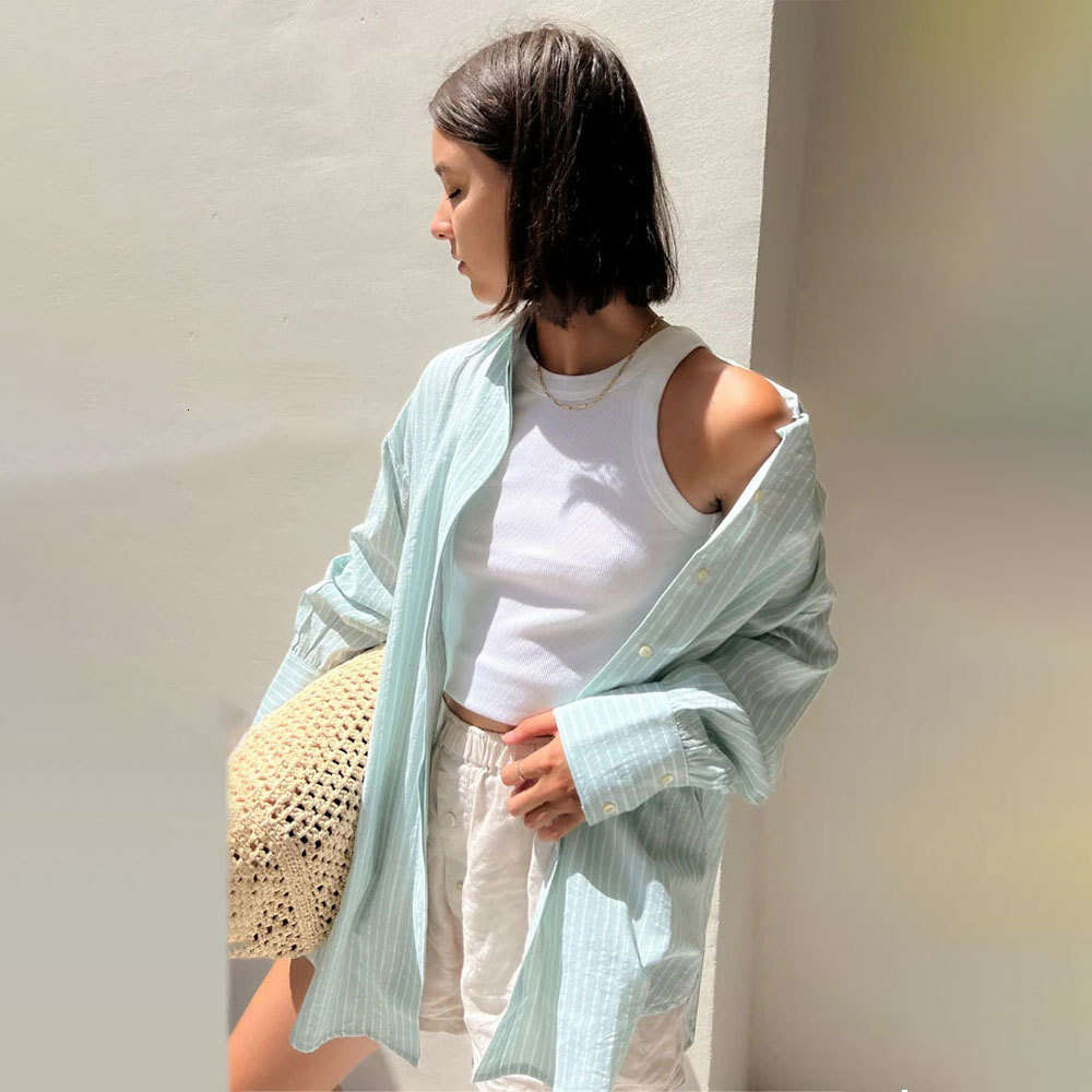 Spring Summer New Casual Loose Candy Macaron Color Mid-Length Striped Shirt B5