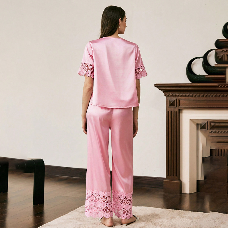 New Women's Spring/Summer Silk Color Lace Short Sleeve Long Pants Nightwear Set Homewear