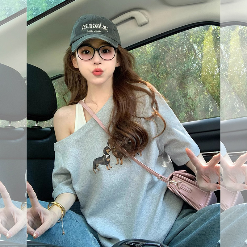 Summer New Women S T Shirt Gray Asymmetrical Short Sleeve T Shirt For Women Summer New Puppy Print Design American Style Loose Off Shoulder Top Ins Ne