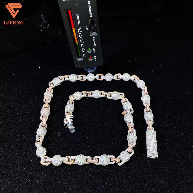 Luxury TwoTone 10mm Bead Ball Chain Rapper Necklace Rose Gold Mens Hip Hop Jewelry 925 Silver Iced VVS Moissanite Diamond Gift