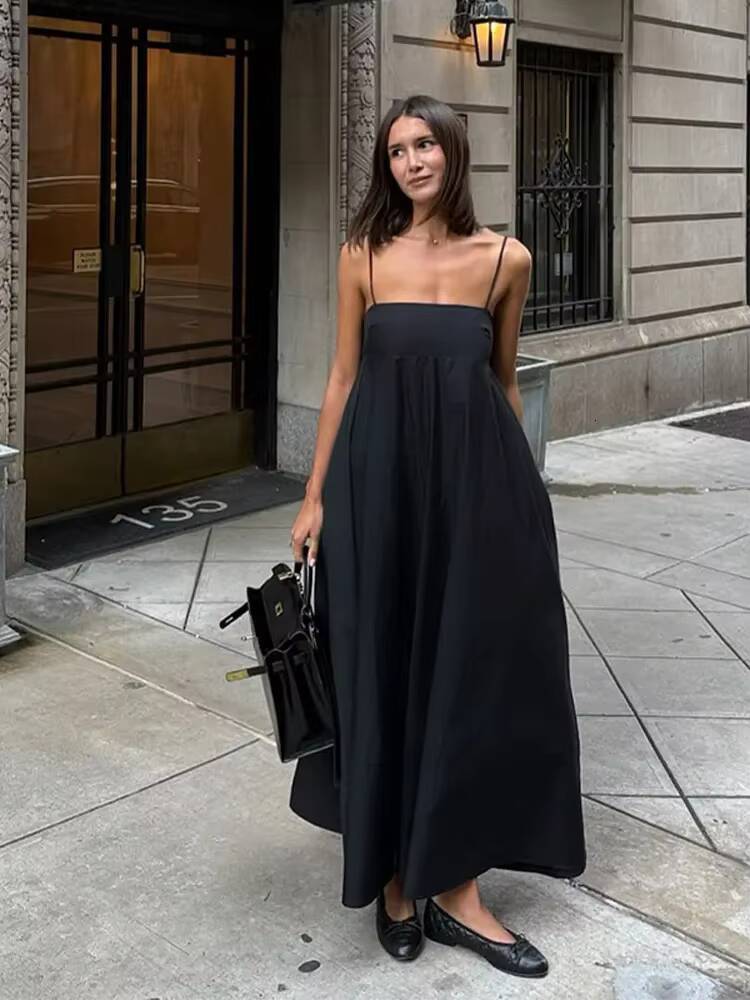 Solid Backless Spaghetti Strap Dress Womens Fashion Loose High Waist A-line Vestidos Summer Lady Holiday Street Robes 2025 New dongdumaoyi