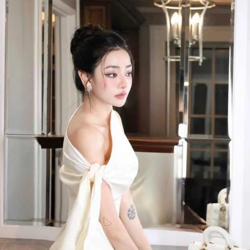 Sexy Sleeveless One Shoulder Mini Dress Lace Up Slimming High Waist Solid Mini Dresses Summer New Elegant Lady Party Clothing R250716