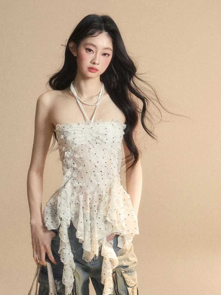 Streetwear Wave Point Women Halter Camisole Vintage Irregular Ruffled Tanks Summer Grunge Sexy Y2k Aesthetic Fairy Vest Tops R250716
