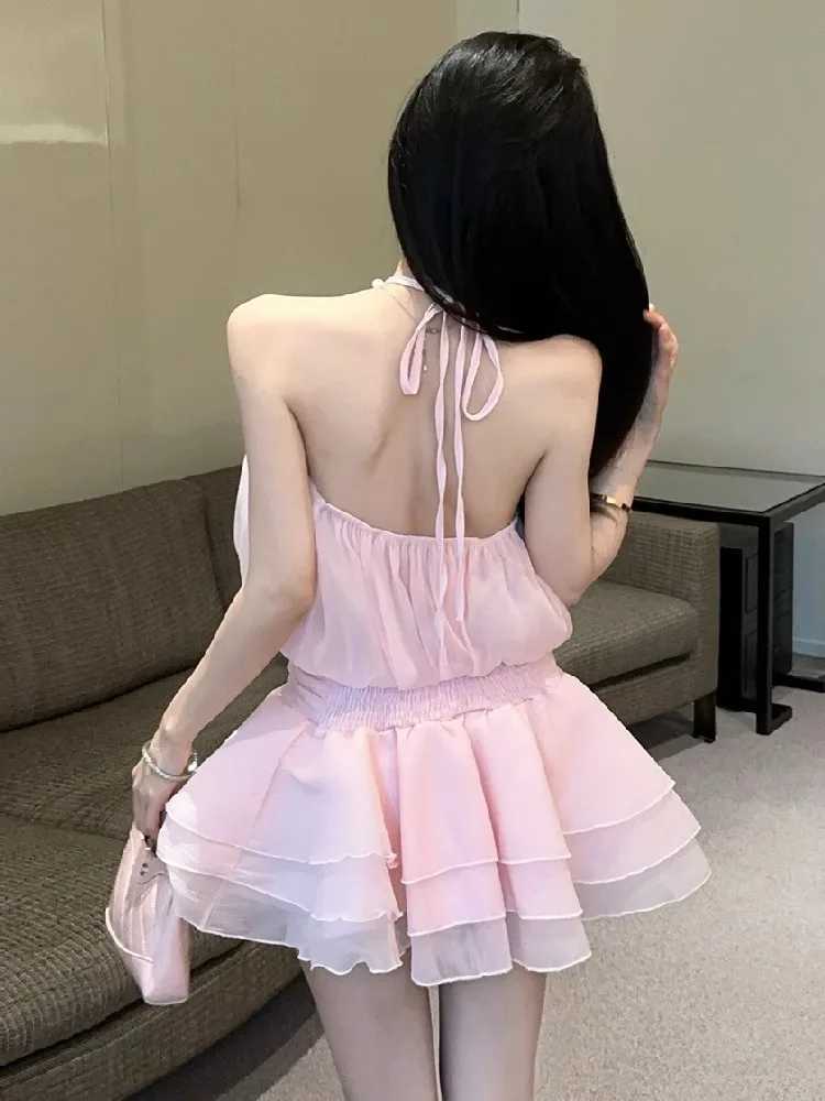 Ezgaga Mini Dresses Women Pearl Halter Sleeveless Bandage Slim Backless Hollow Out Sweet Elegant Party Dress Female Casual R250716