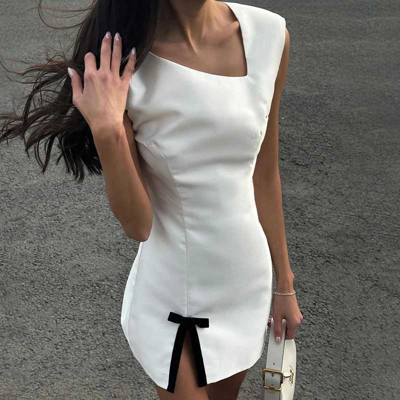 New Tank Dress For Women Skew Collar Fashion Bow Split Elegant Evening Party Short Dress Sleeveless Bodycon Outfits R250716