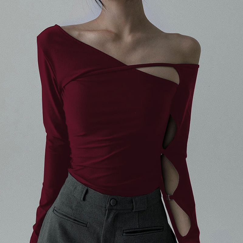 Summer New Women S T Shirt European And American Cross Border Trade Winter Design Street Style Asymmetrical Neck Hollow Out Slim Fit Long Sleeve Top F