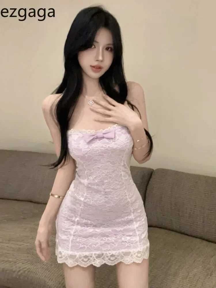 Ezgaga Dresses Women Sexy Strapless Lace Patchwork Bow Slim Stretch Elegant Backless Party Mini Dress Ladies Clubwear Sweet R250716