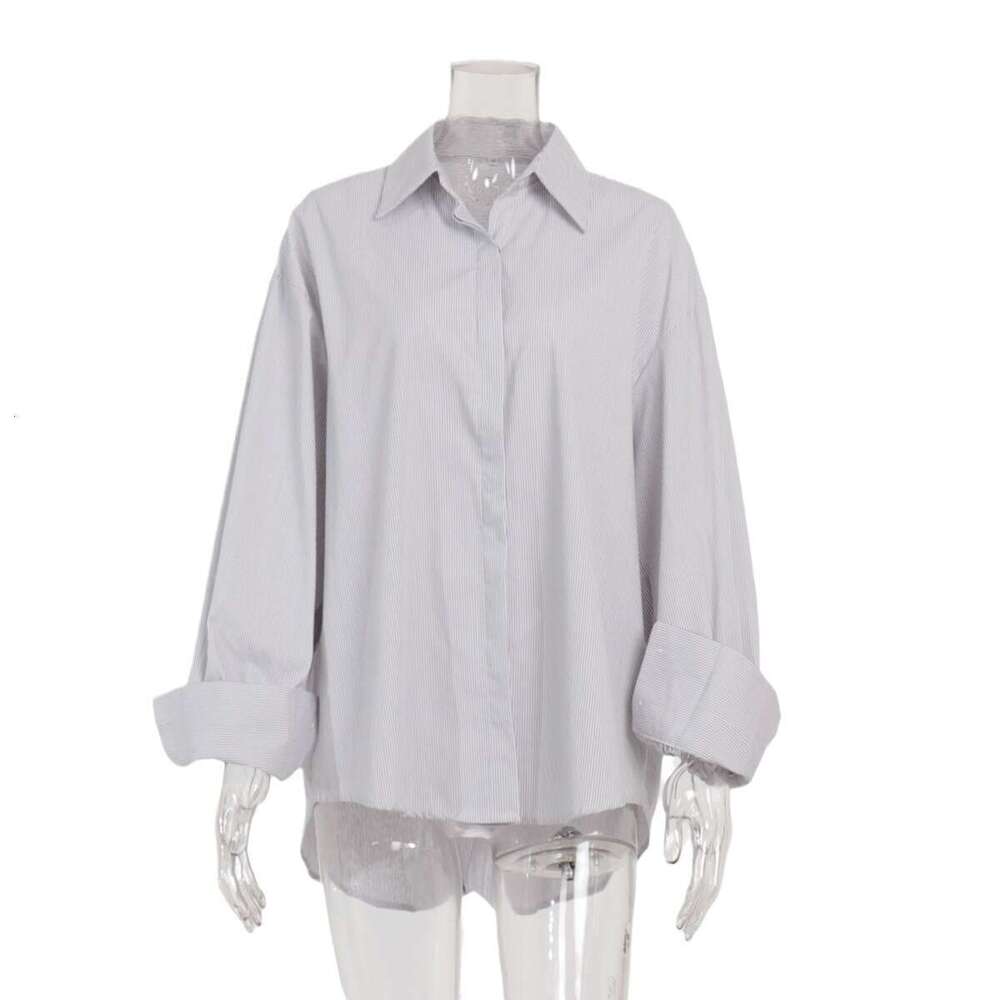 Shirt Summer New Simple High-End Hidden Button Long Sleeve Striped Cardigan B5