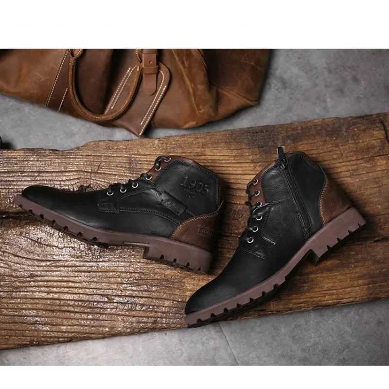 Leather Men Ankle Boots High Top Shoes Outdoor Work Casual Shoes Motorcycle Military Combat Boots Fashion Autumn Brown Men W250716