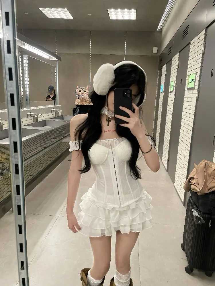 Women Sexy Two Piece Set Corset Top and Layered Ruffle Mini Skirt Slim Fit Suit Gothic Lolita Style Club Night Summer Outfit New R250716