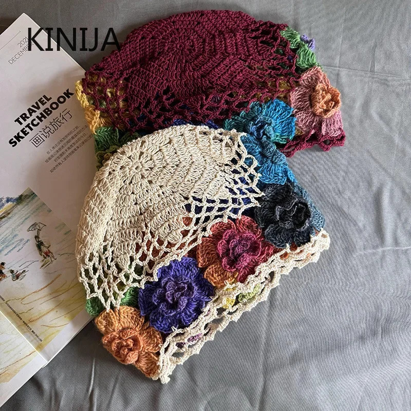 Baotou Cap Japanese Spring Literary Artistic Colorful Flower Hollow Bag Head Hat Women Sweet Fashion Hand-crocheted Beanie Cap 250715