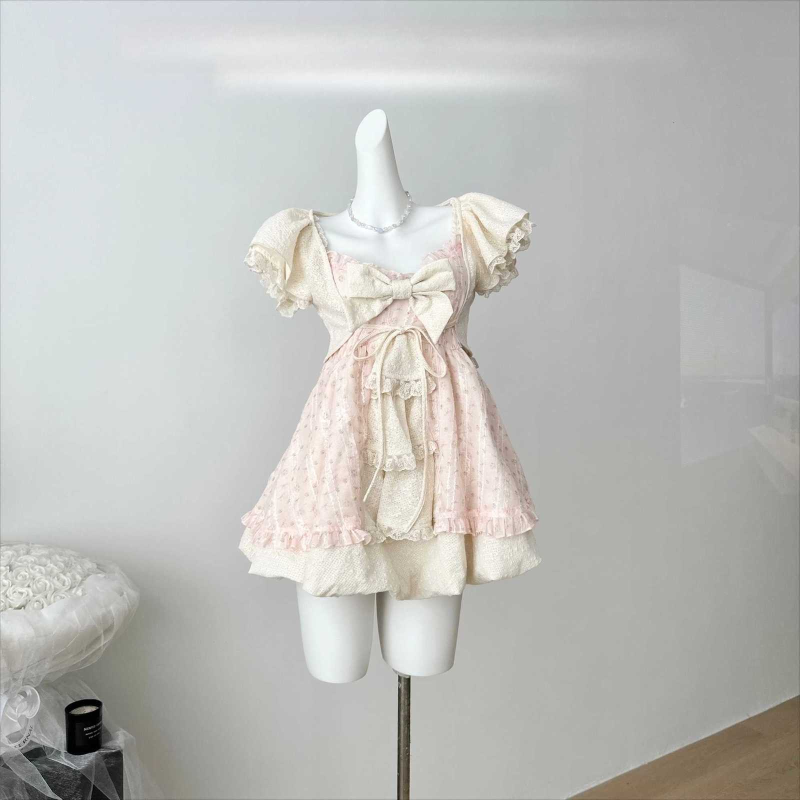 Sweet Lolita Bow Lace Dress Women Puff Sleeve Ruffle Layered Skirt Princess Style Vintage Cottagecore Fairycore Kawaii Outfits R250716