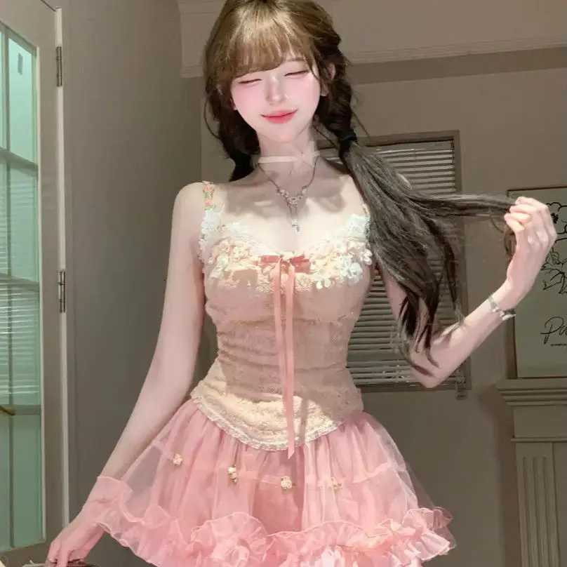 Sweet Princess Skirt Set Fairycore Mesh Mini Skirt Floral Embroidered Corset Tops Y2K Aesthetic Fashion 2 Piece Set Chic R250716