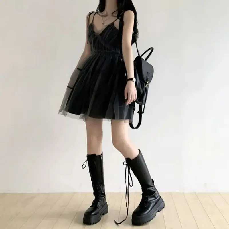 REALEFT Summer Y2k Black Mesh Womens Ball Gown Dresses 2025 New Sleeveless Strapless V-neck Party Sexy Mini Dress for Women R250716