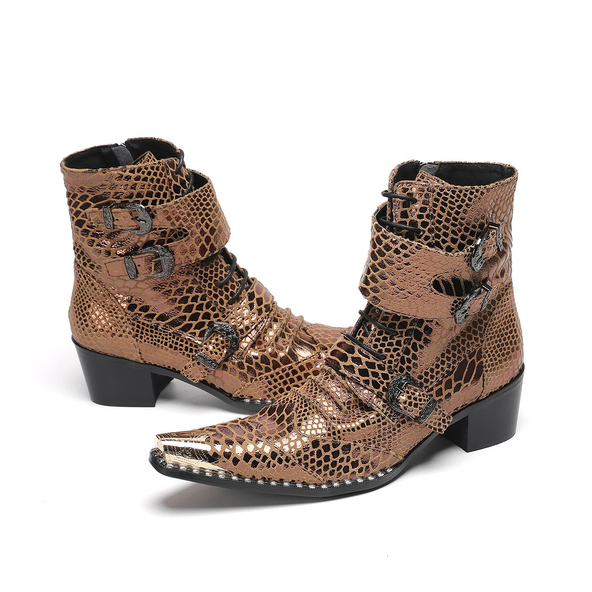 British Snake Print Pointed Toe Genuine Leather Motorcycle Ankle Boots Male Party Shoes Large Size Lace Up Cowboy Short Boots 250715