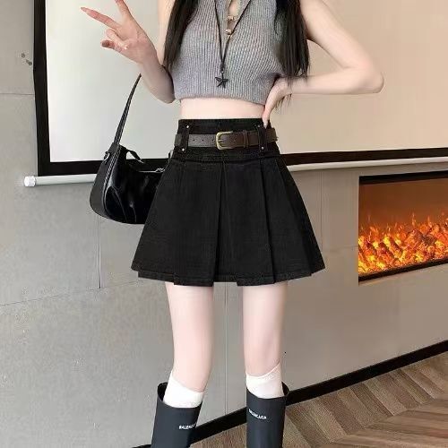 2025 Summer New Denim Midi Skirt for Women High Waist Versatile Slimming A-Line Pleated with Design Sense Short