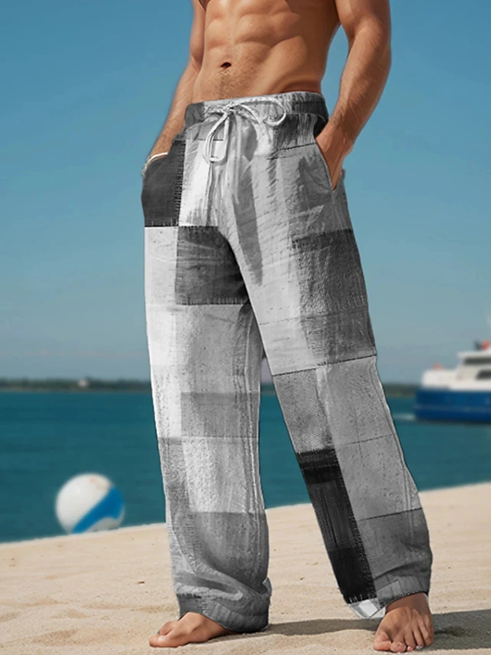 Plaid Color Block Mens Resort 3D Printed Casual Pants Trousers Elastic Waist Fit Straight-Leg Pant Summer Beach Pants 6XL 250715