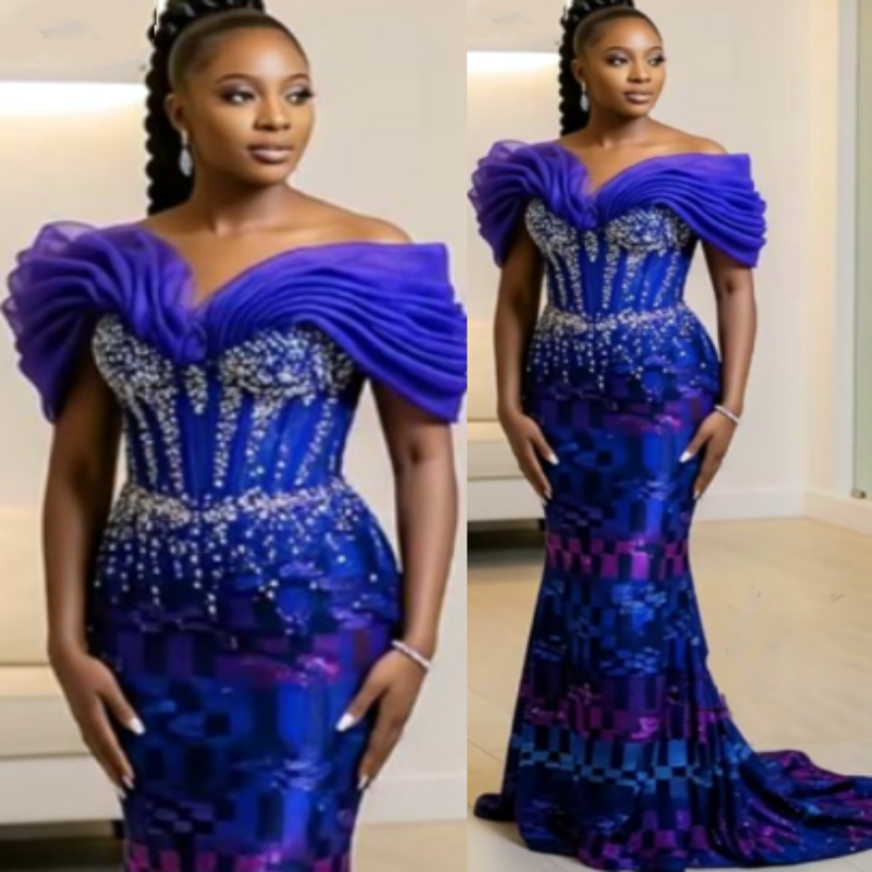 Royal Blue Mermaid Prom Dresses 2025 Beaded Crystals Printed Elegant Evening Formal Party Second Birthday Engagement Gowns Plus Size Dress For Special