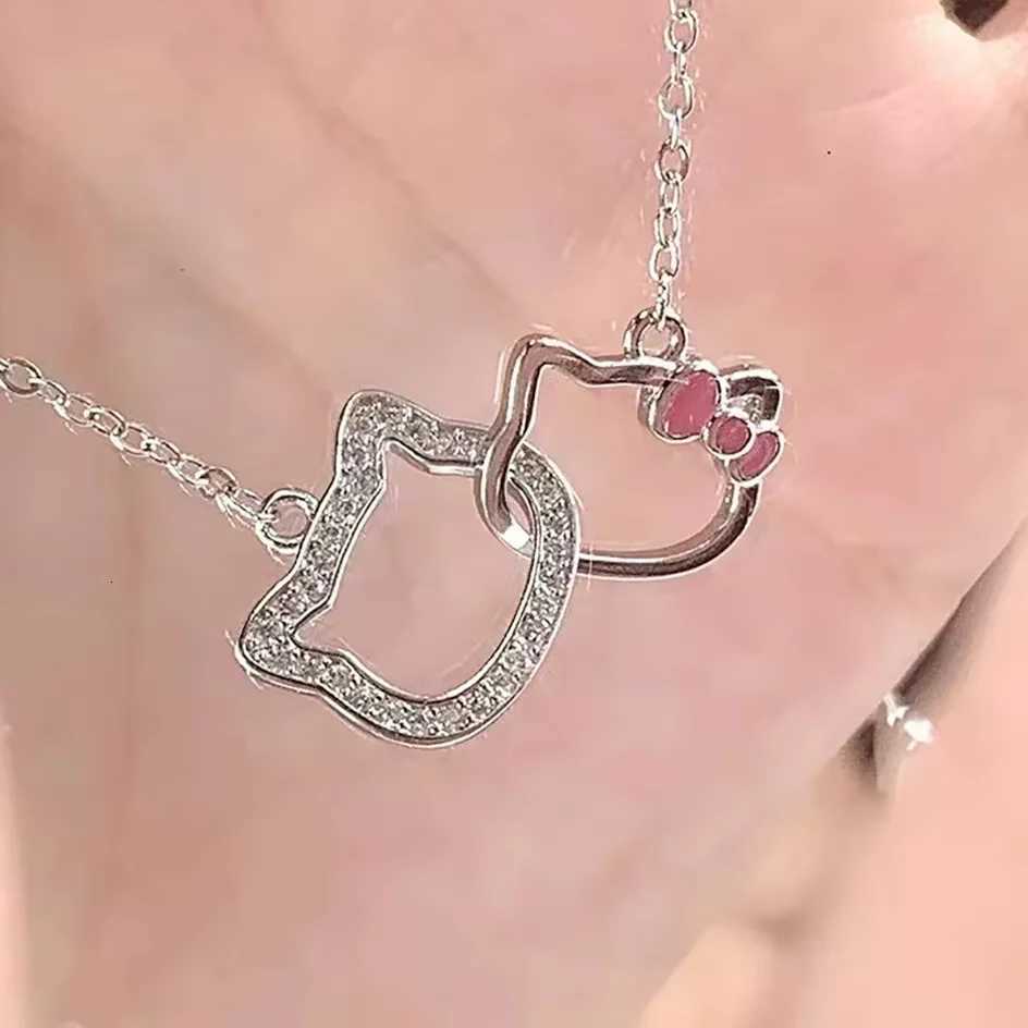 Sanrio Cartoon Sanrio Hello Kitty Necklace Pendant Kawaii Double Ring Clavicle Chain Girlfriend Charms Clasped Anime Chain Jewelry Gift w250716