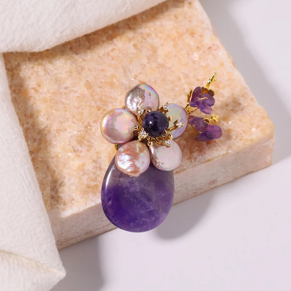 Natural Pearl Amethyst Baroque Flower Branch Brooch Korean Womens Jewelry Fashion Womens and Girls Gifts GO0580 250712