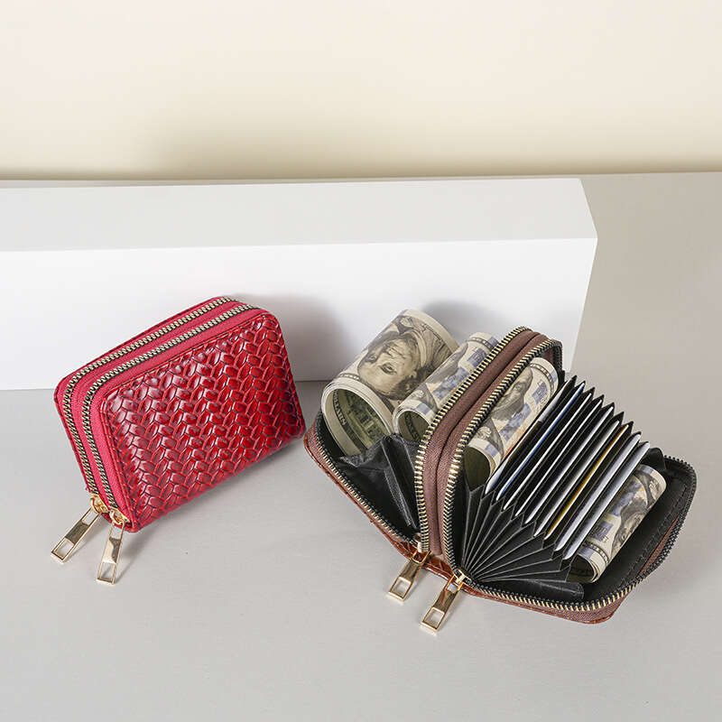 Patent Leather Wallet for Women Short Double Zipper Coin Purse with Woven Design and Accordion Card Holder